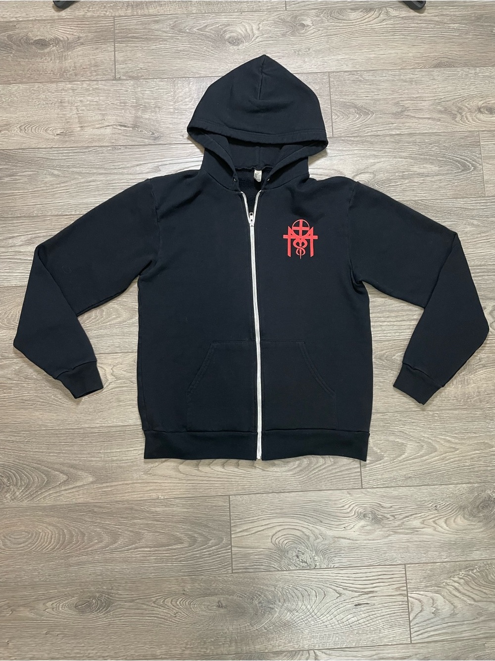 American Apparel Black Graphic Zip Up Hoodie Goth Punk Red Heart Print Size L